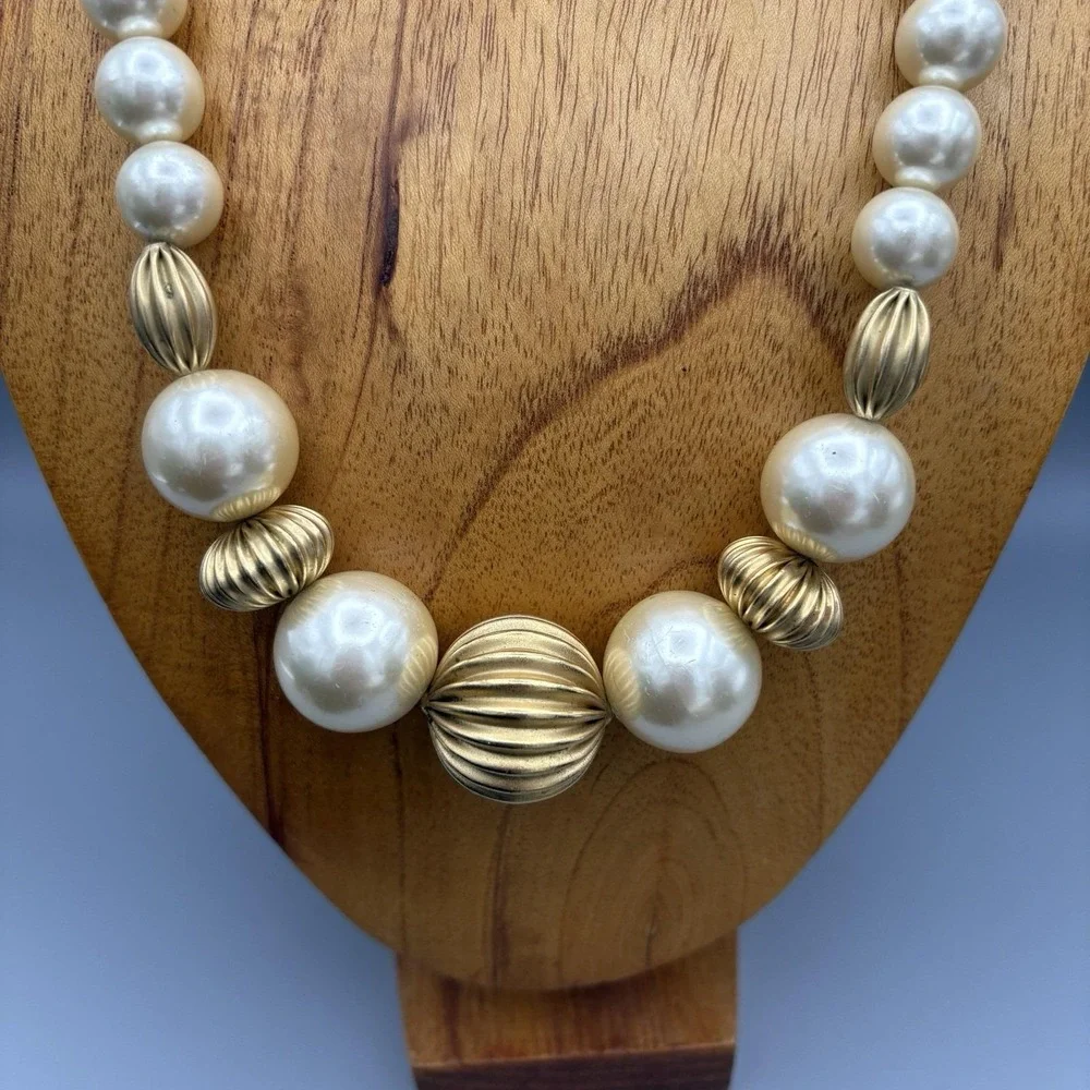 Vintage Napier Staement Necklace Faux Pearls Gold
